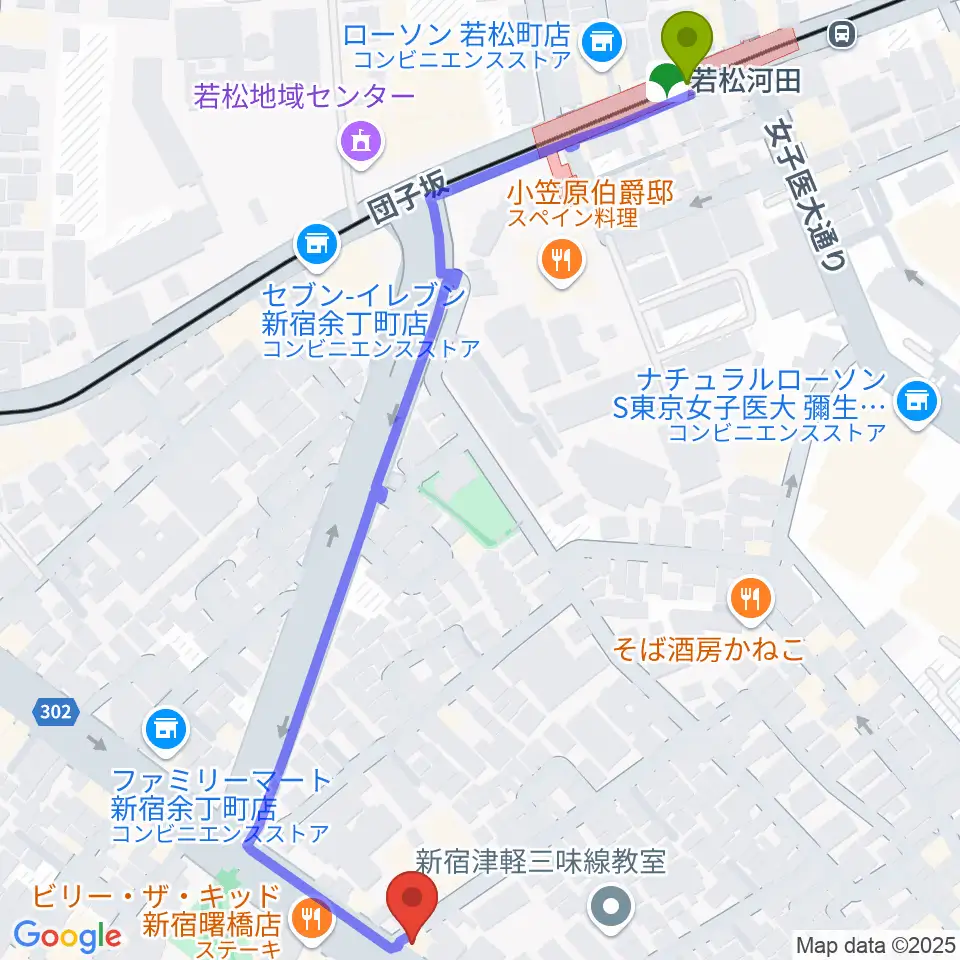 ミュージカルドッグスタジオの最寄駅若松河田駅からの徒歩ルート（約7分）地図