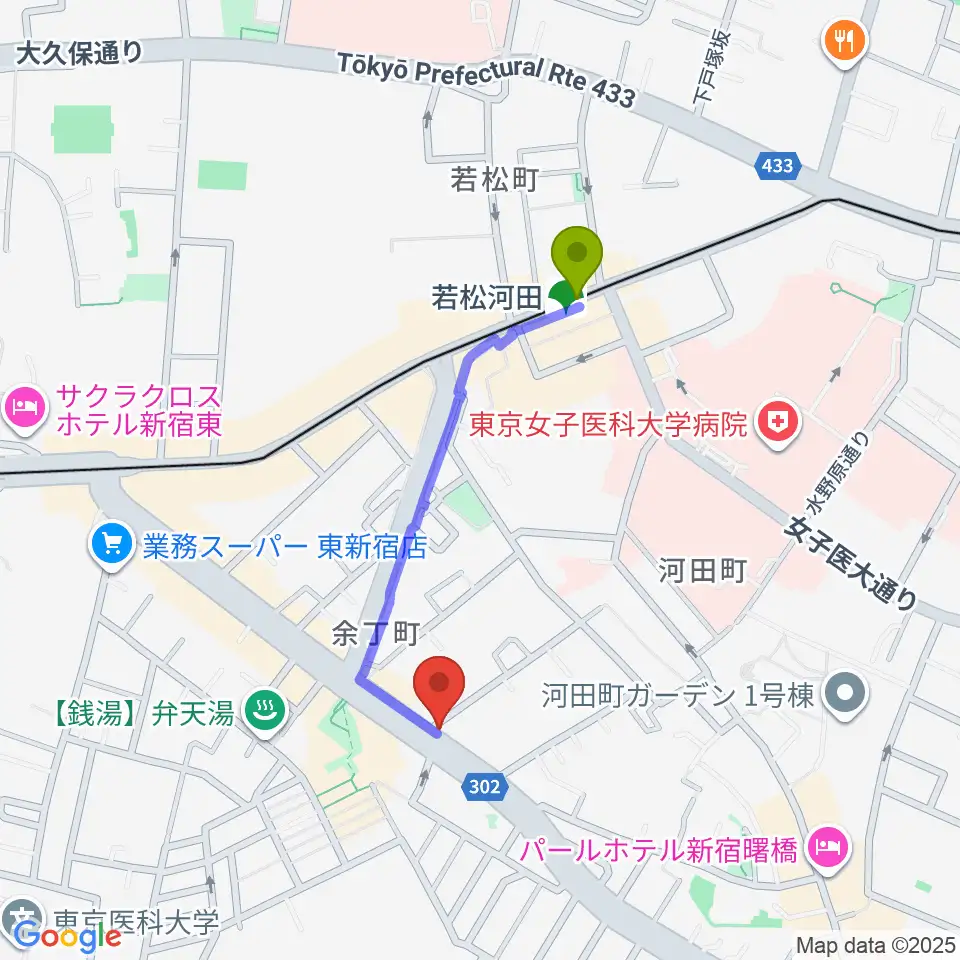 ミュージカルドッグスタジオの最寄駅若松河田駅からの徒歩ルート（約7分）地図