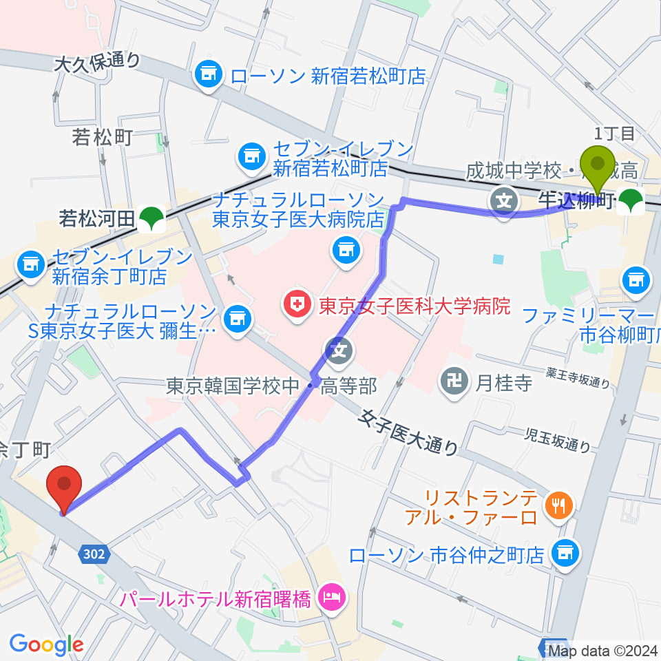 牛込柳町駅からミュージカルドッグスタジオへのルートマップ地図