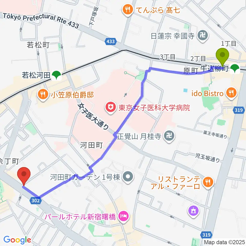 牛込柳町駅からミュージカルドッグスタジオへのルートマップ地図
