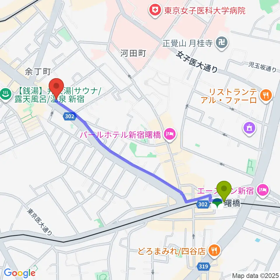 曙橋駅からミュージカルドッグスタジオへのルートマップ地図