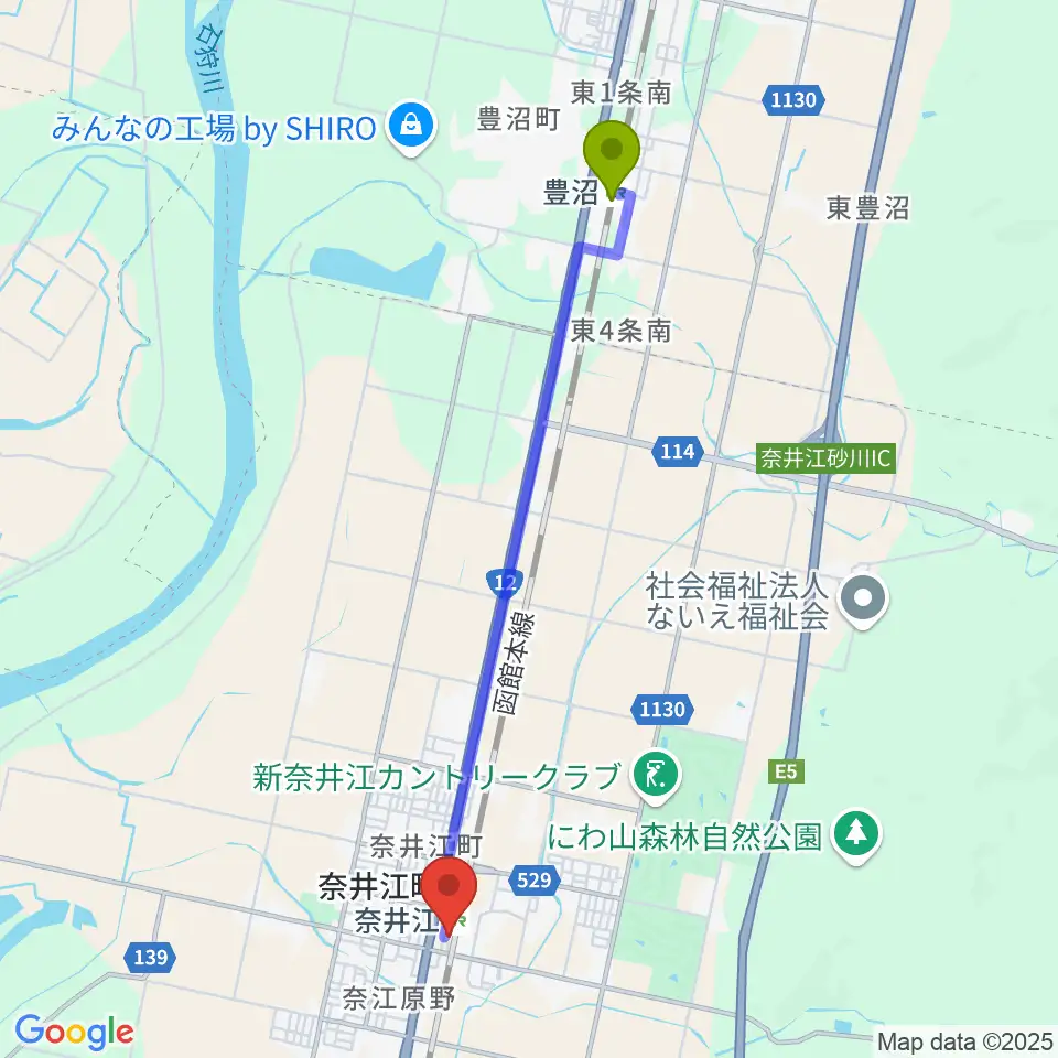 豊沼駅から奈井江町文化ホール コンチェルトホールへのルートマップ地図