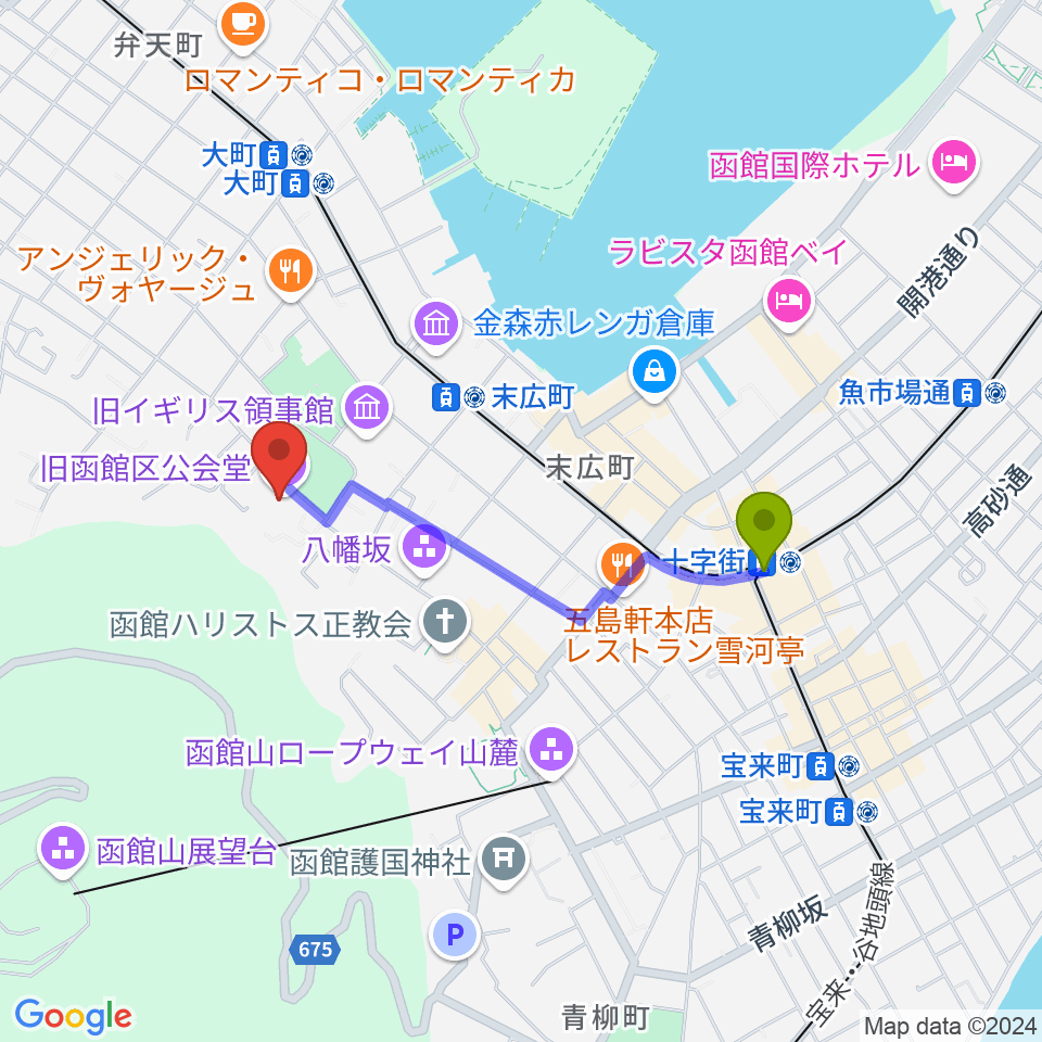 十字街駅から旧函館区公会堂へのルートマップ地図