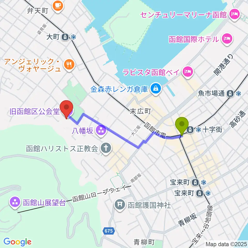 十字街駅から旧函館区公会堂へのルートマップ地図