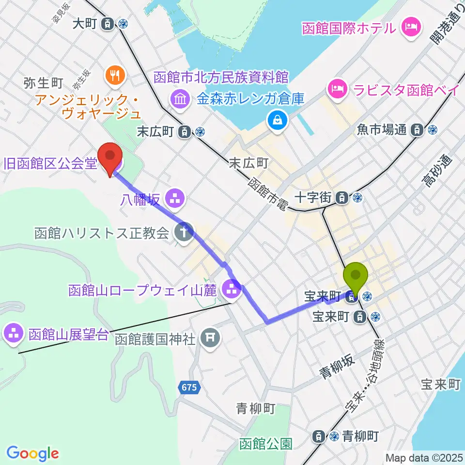 宝来町駅から旧函館区公会堂へのルートマップ地図