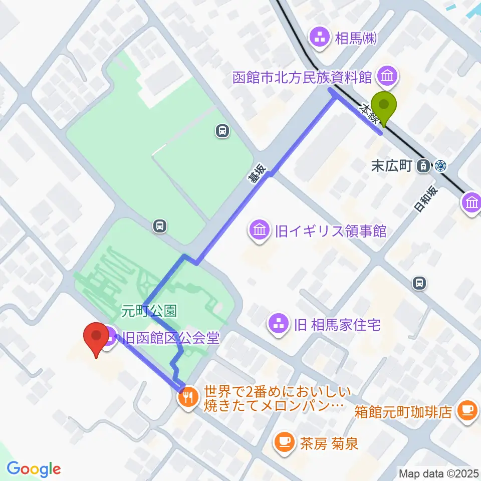旧函館区公会堂の最寄駅末広町駅からの徒歩ルート（約5分）地図