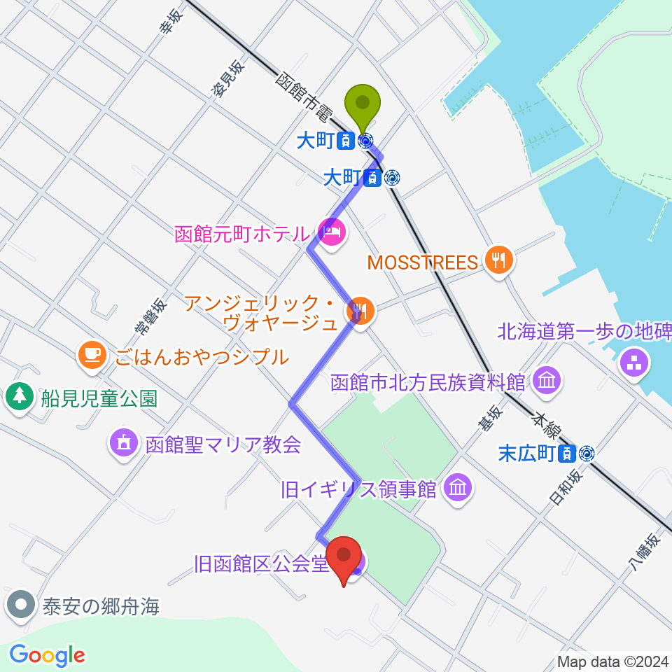 大町駅から旧函館区公会堂へのルートマップ地図