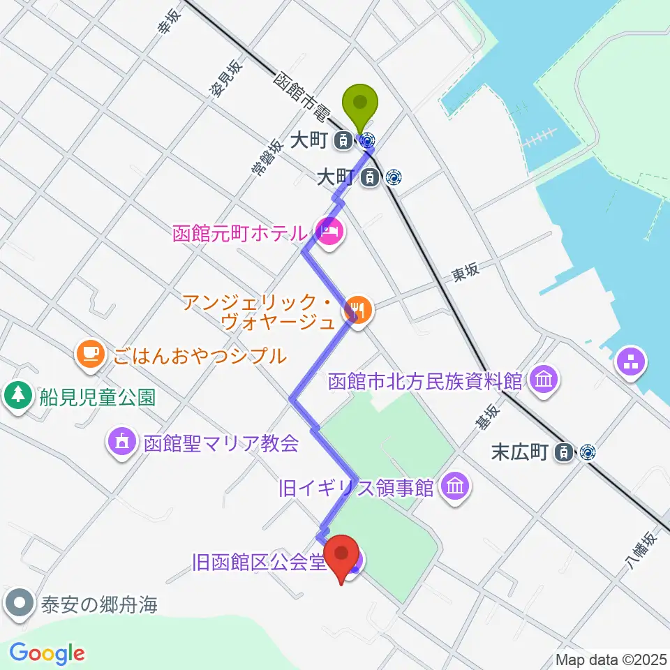 大町駅から旧函館区公会堂へのルートマップ地図