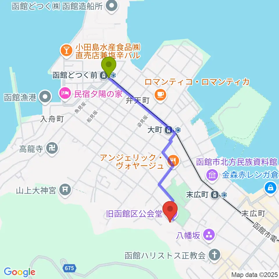 函館どつく前駅から旧函館区公会堂へのルートマップ地図