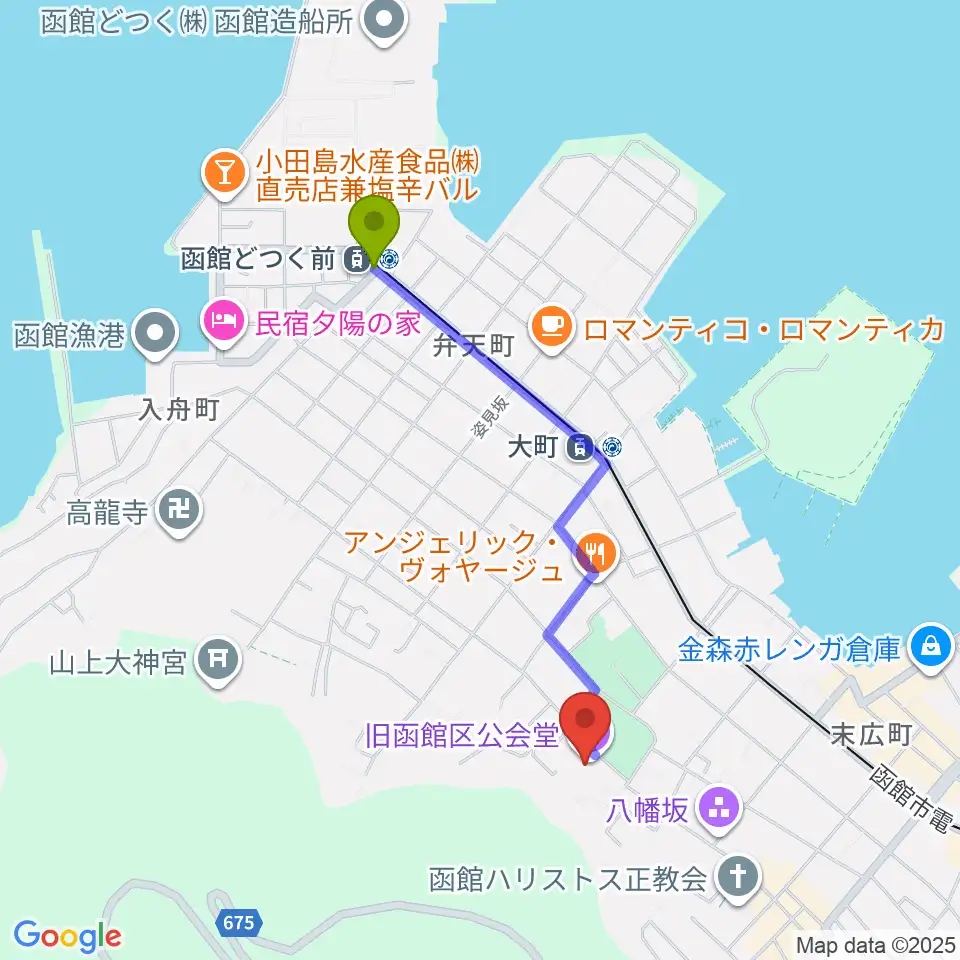函館どつく前駅から旧函館区公会堂へのルートマップ地図
