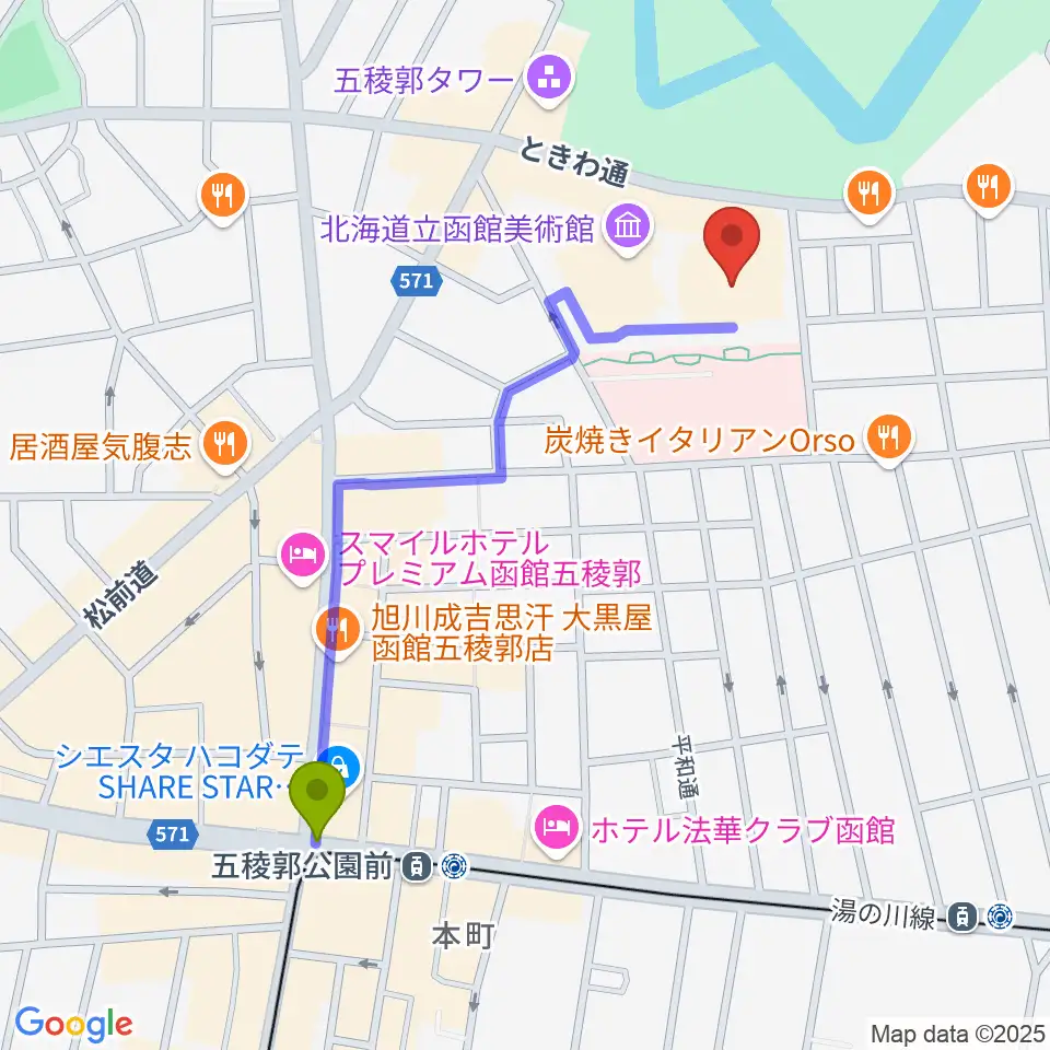 函館市芸術ホール ハーモニー五稜郭の最寄駅五稜郭公園前駅からの徒歩ルート（約9分）地図
