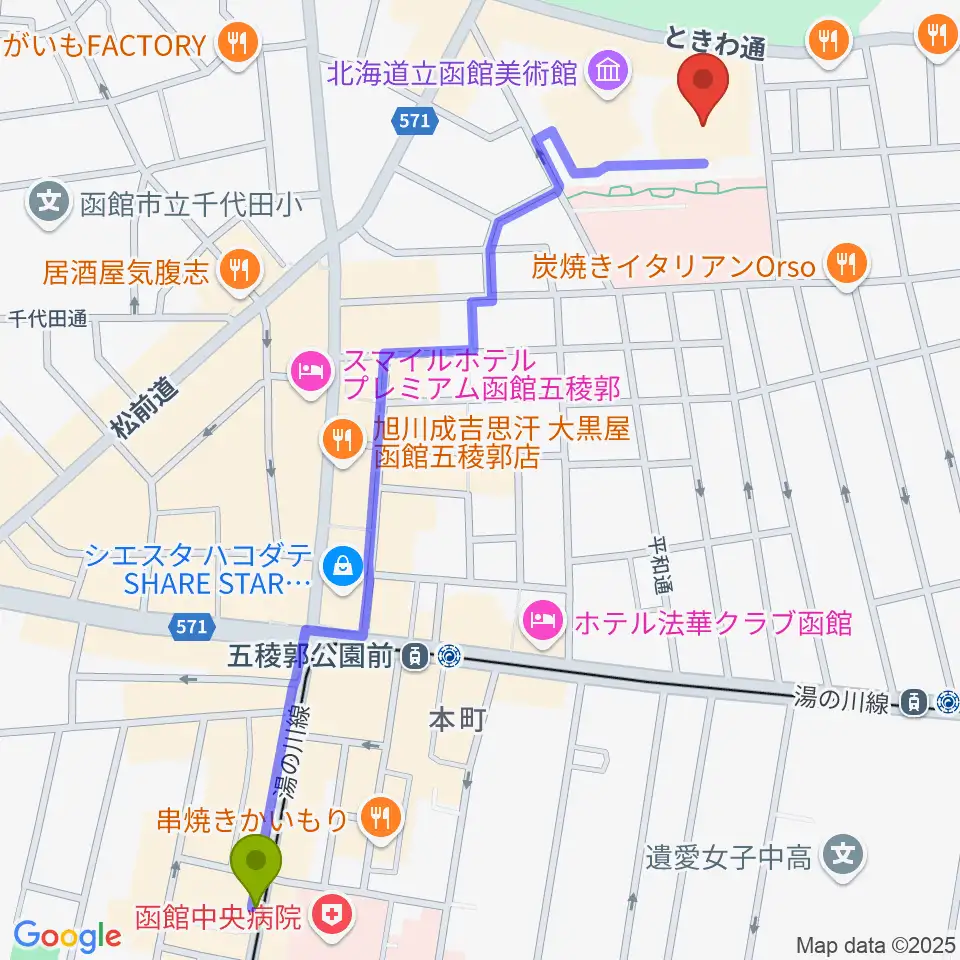 中央病院前駅から函館市芸術ホール ハーモニー五稜郭へのルートマップ地図