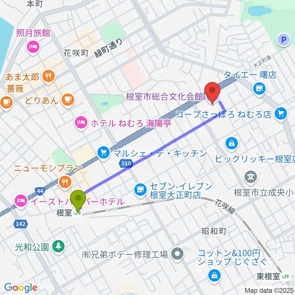 根室市総合文化会館の最寄駅根室駅からの徒歩ルート（約16分）地図