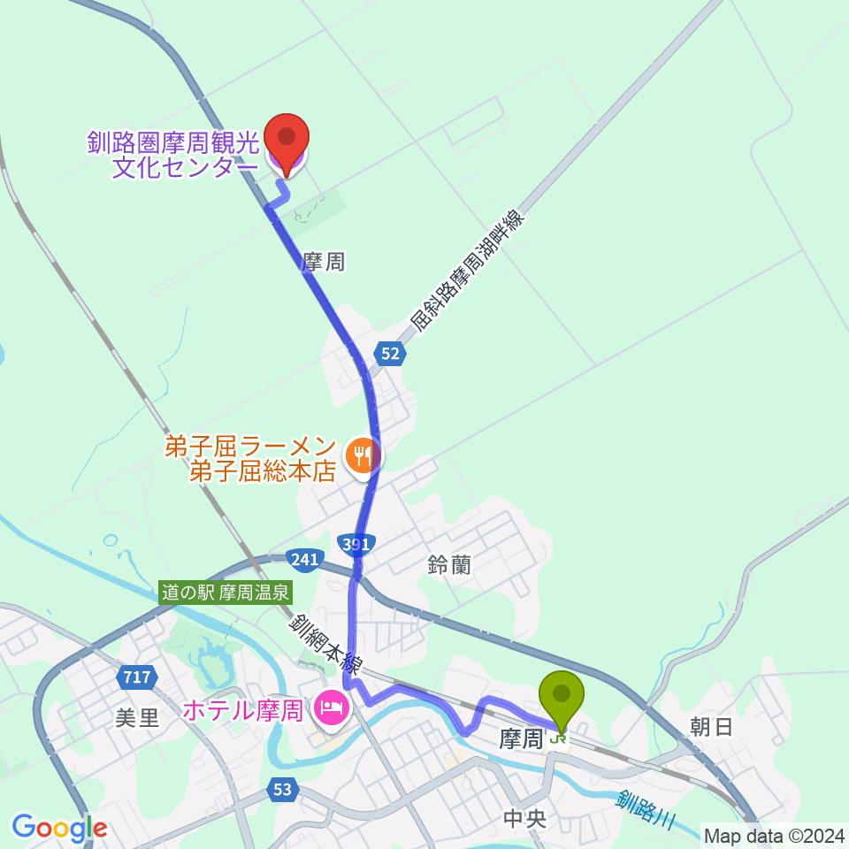 釧路圏摩周観光文化センターの最寄駅摩周駅からの徒歩ルート（約41分）地図