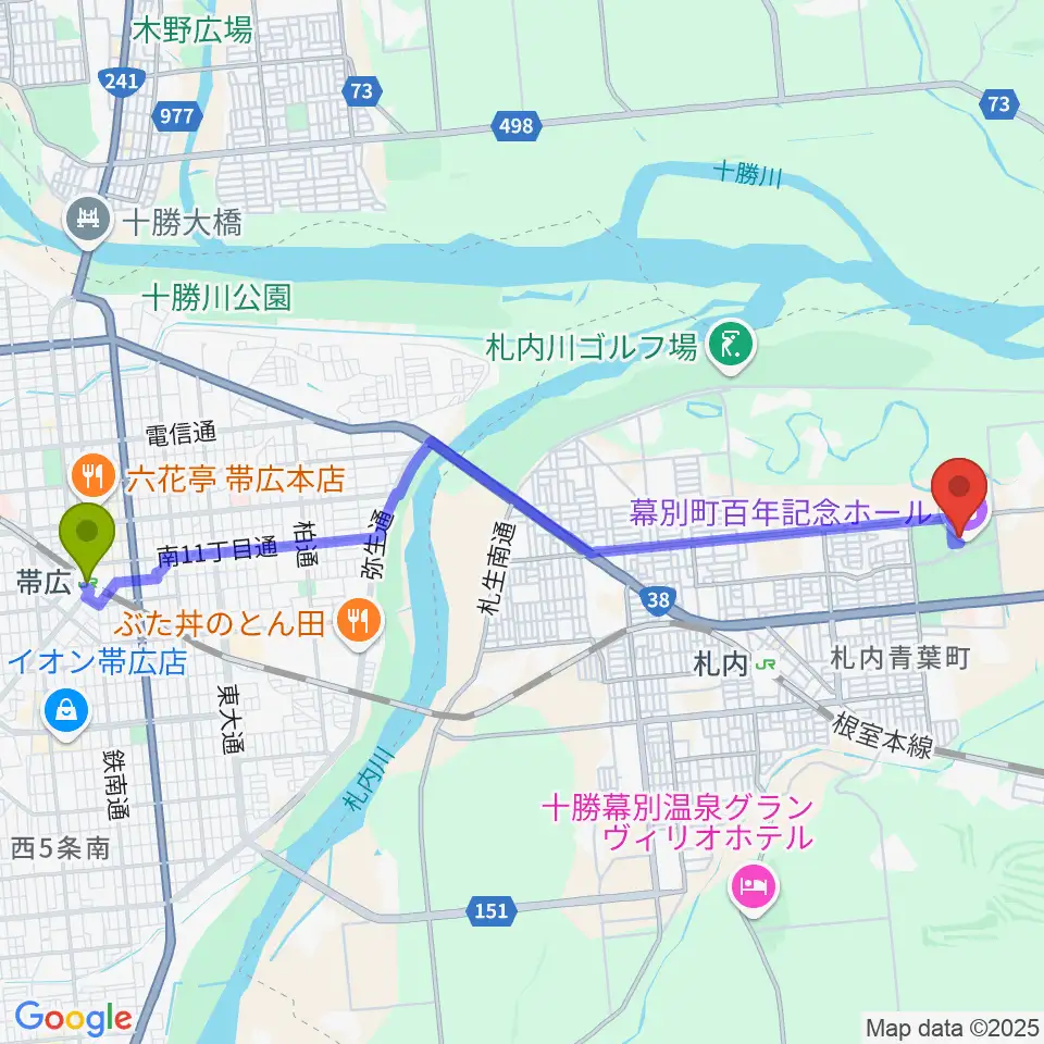 帯広駅から幕別町百年記念ホールへのルートマップ地図