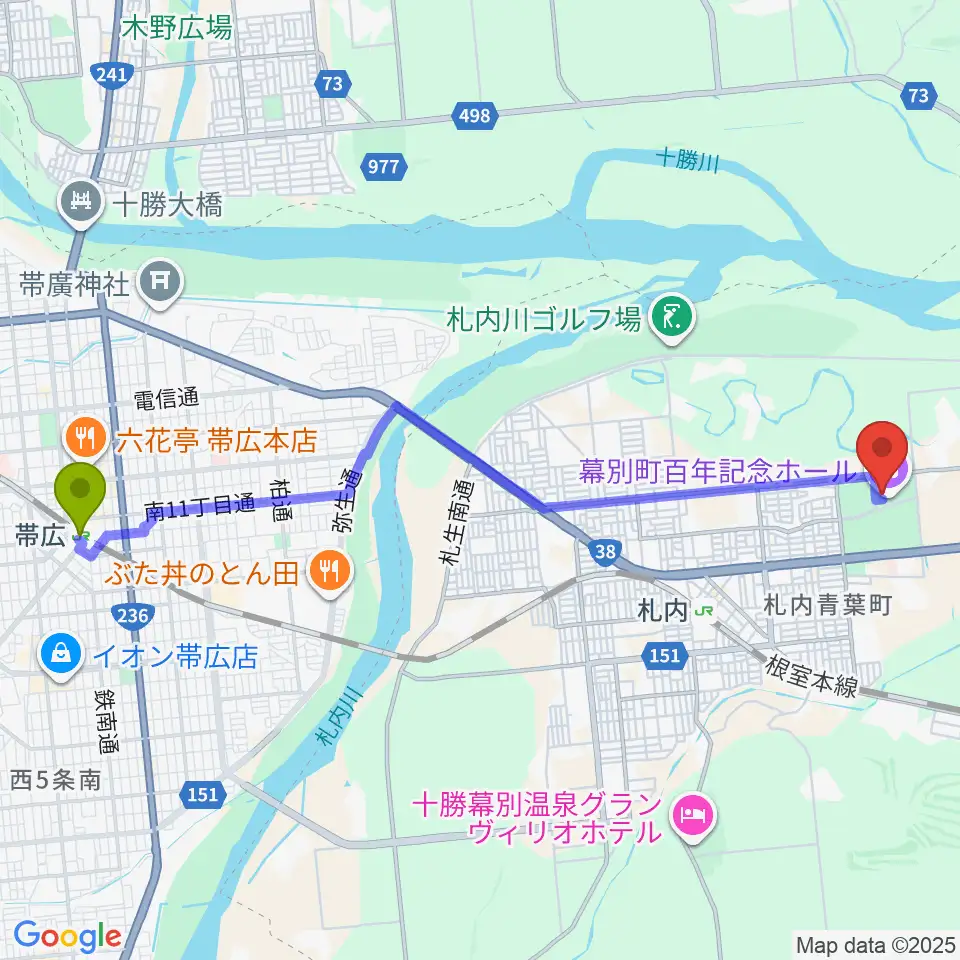 帯広駅から幕別町百年記念ホールへのルートマップ地図