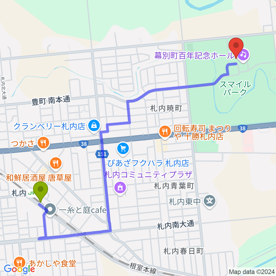 幕別町百年記念ホールの最寄駅札内駅からの徒歩ルート（約25分）地図