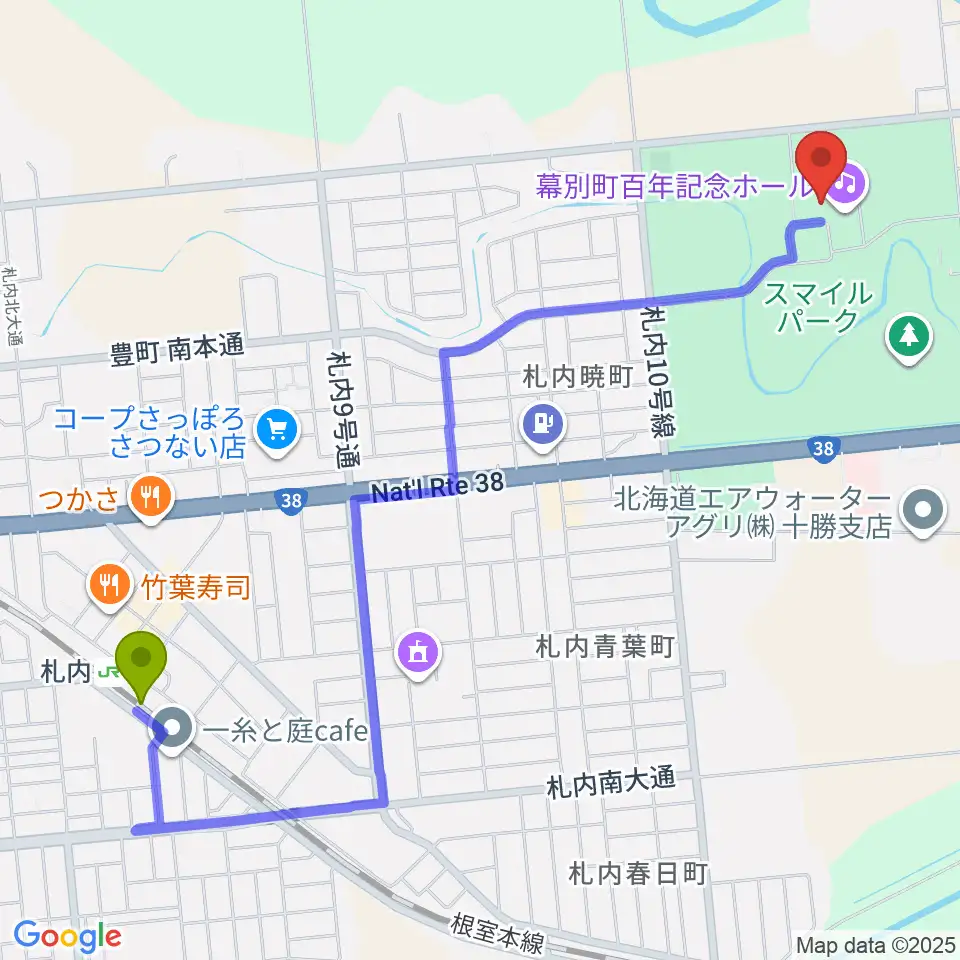 幕別町百年記念ホールの最寄駅札内駅からの徒歩ルート（約25分）地図