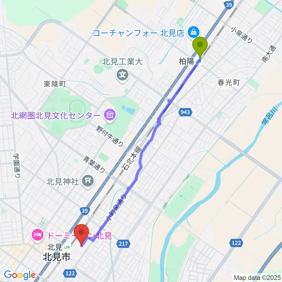 柏陽駅からNiCC芸術文化ホールへのルートマップ地図