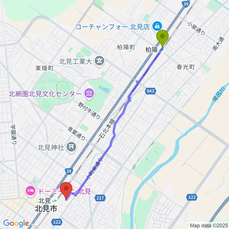 柏陽駅からNiCC芸術文化ホールへのルートマップ地図
