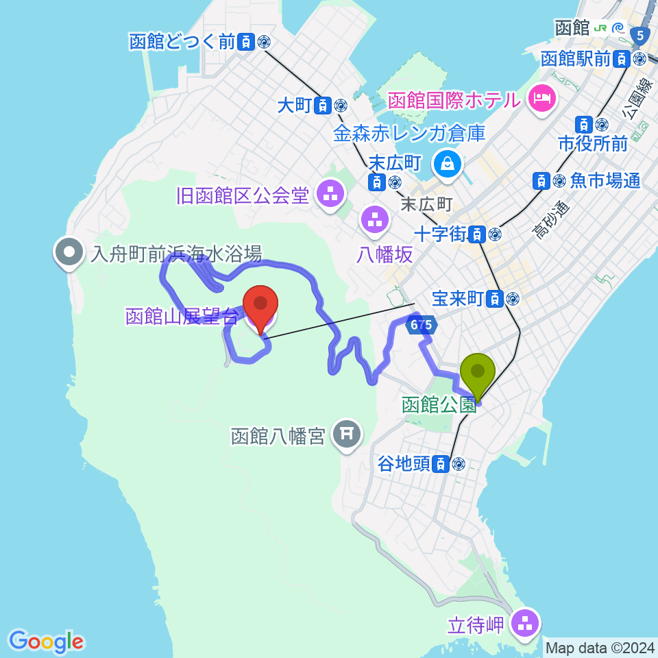 青柳町駅から函館山クレモナホールへのルートマップ地図