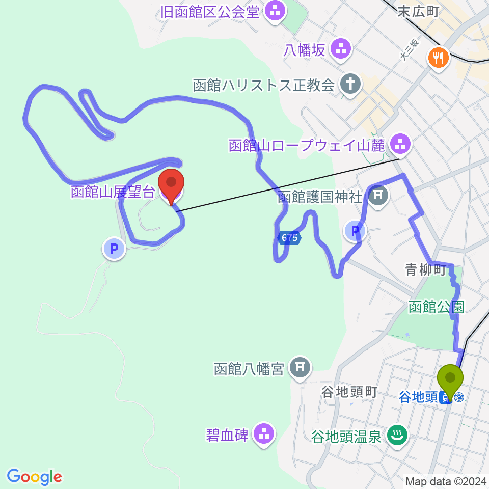 谷地頭駅から函館山クレモナホールへのルートマップ地図