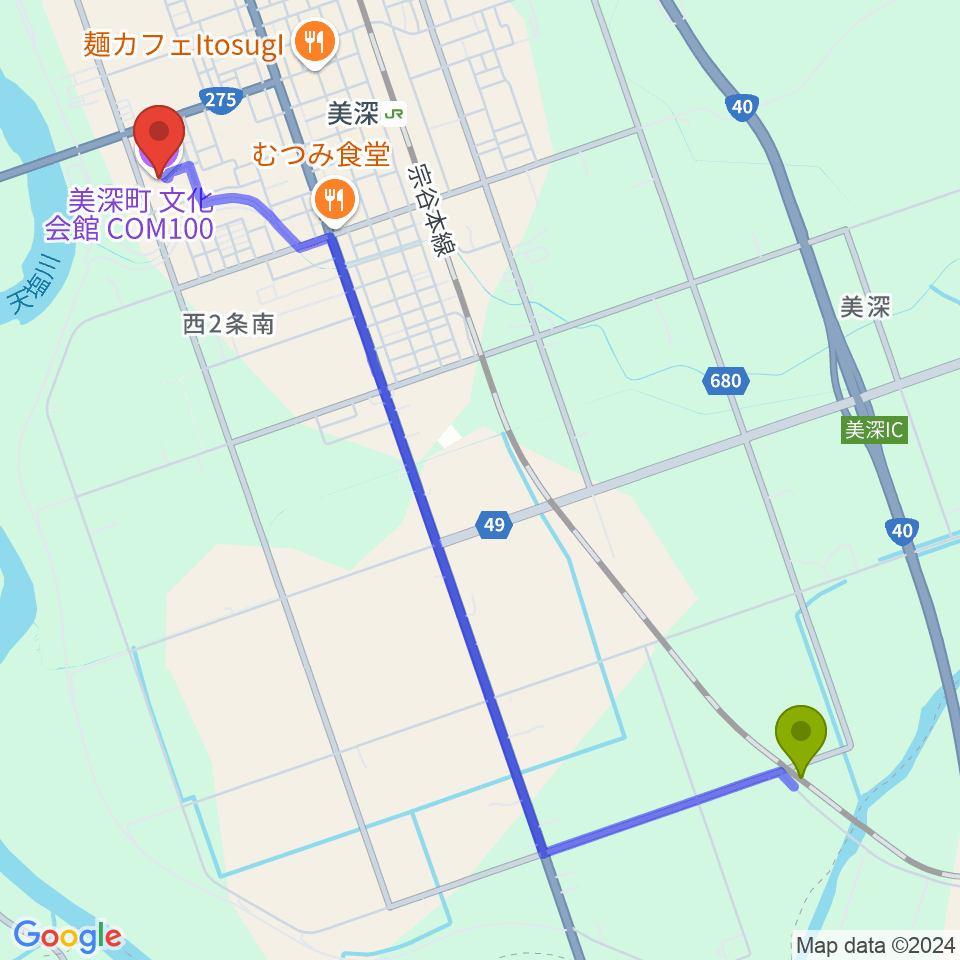 南美深駅から美深町文化会館COM100へのルートマップ地図