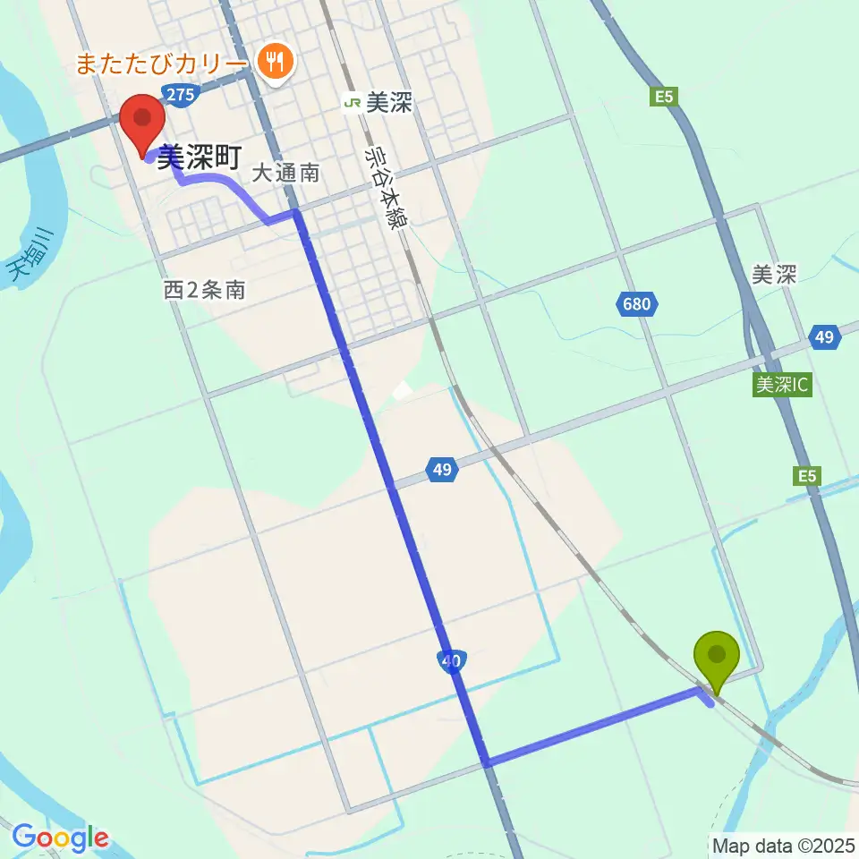 南美深駅から美深町文化会館COM100へのルートマップ地図