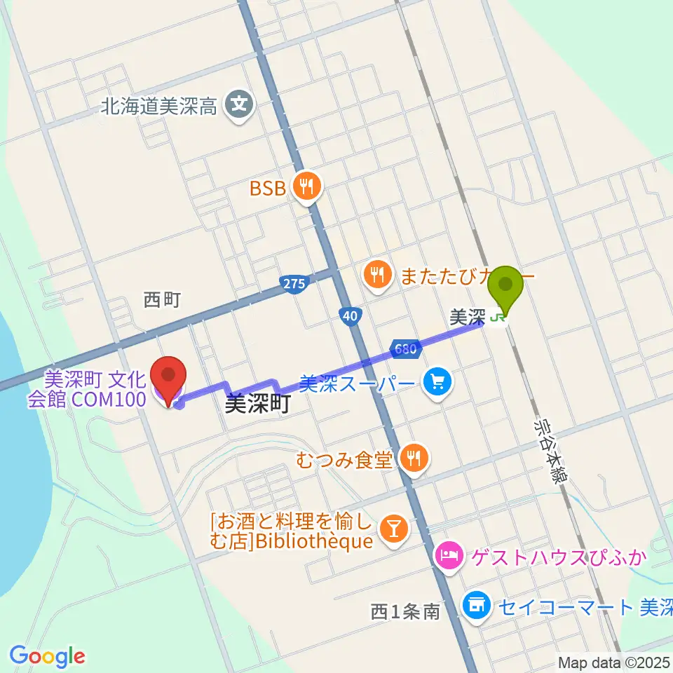 美深町文化会館COM100の最寄駅美深駅からの徒歩ルート（約14分）地図