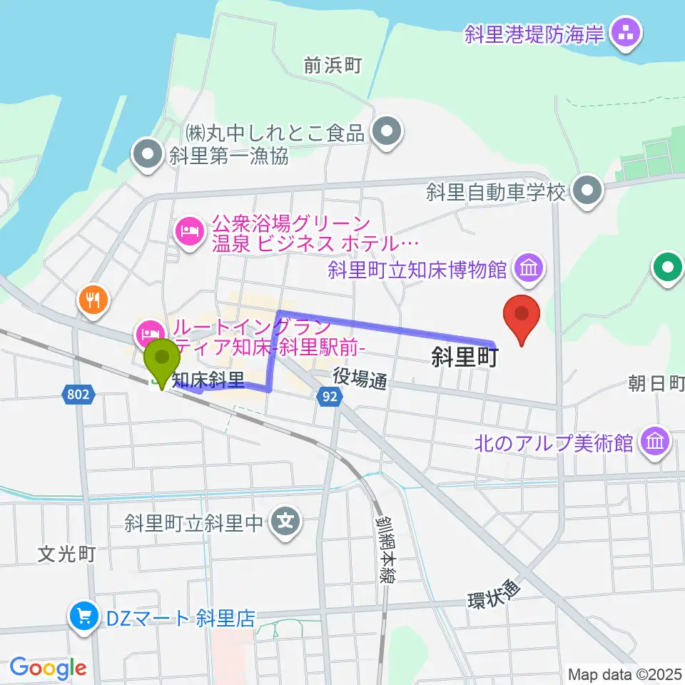 ゆめホール知床の最寄駅知床斜里駅からの徒歩ルート（約15分）地図