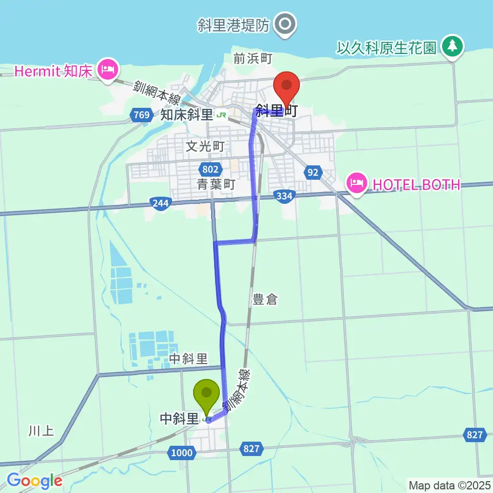 中斜里駅からゆめホール知床へのルートマップ地図