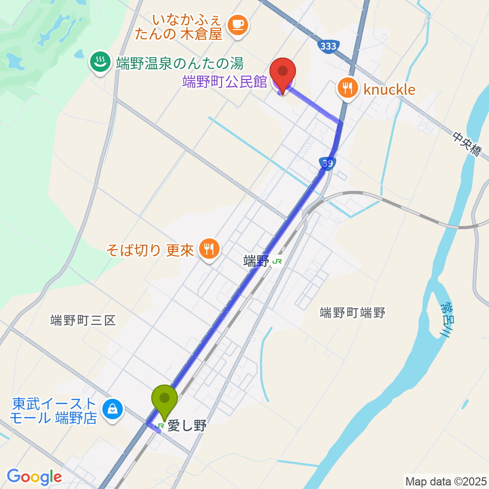 愛し野駅から端野町公民館へのルートマップ地図