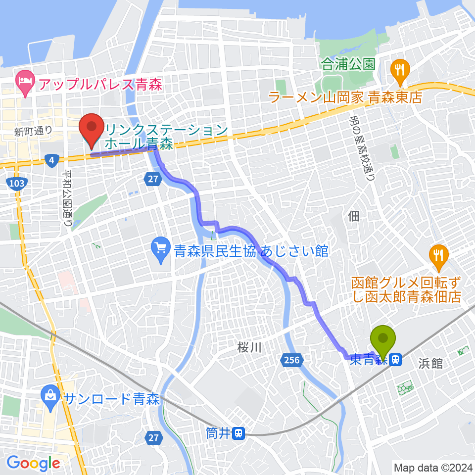 東青森駅からリンクステーションホール青森へのルートマップ地図