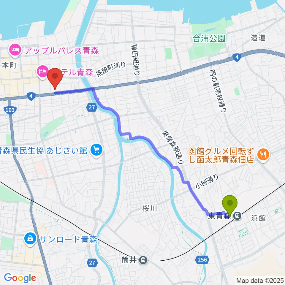 東青森駅からリンクステーションホール青森へのルートマップ地図