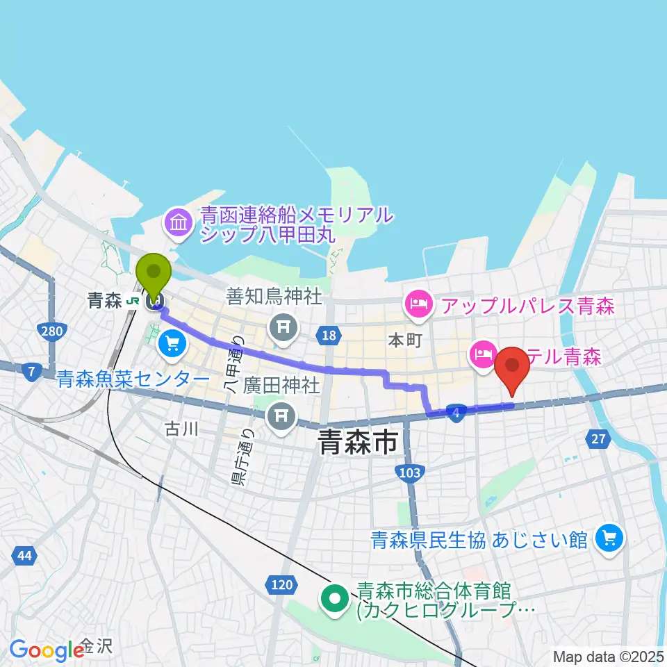 リンクステーションホール青森の最寄駅青森駅からの徒歩ルート（約32分）地図