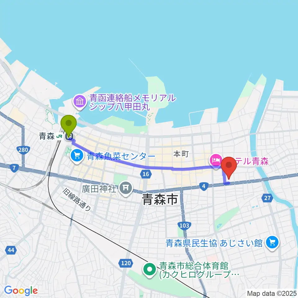 リンクステーションホール青森の最寄駅青森駅からの徒歩ルート（約32分）地図
