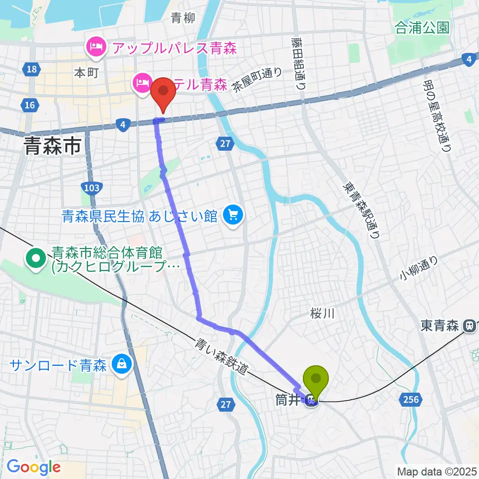 筒井駅からリンクステーションホール青森へのルートマップ地図