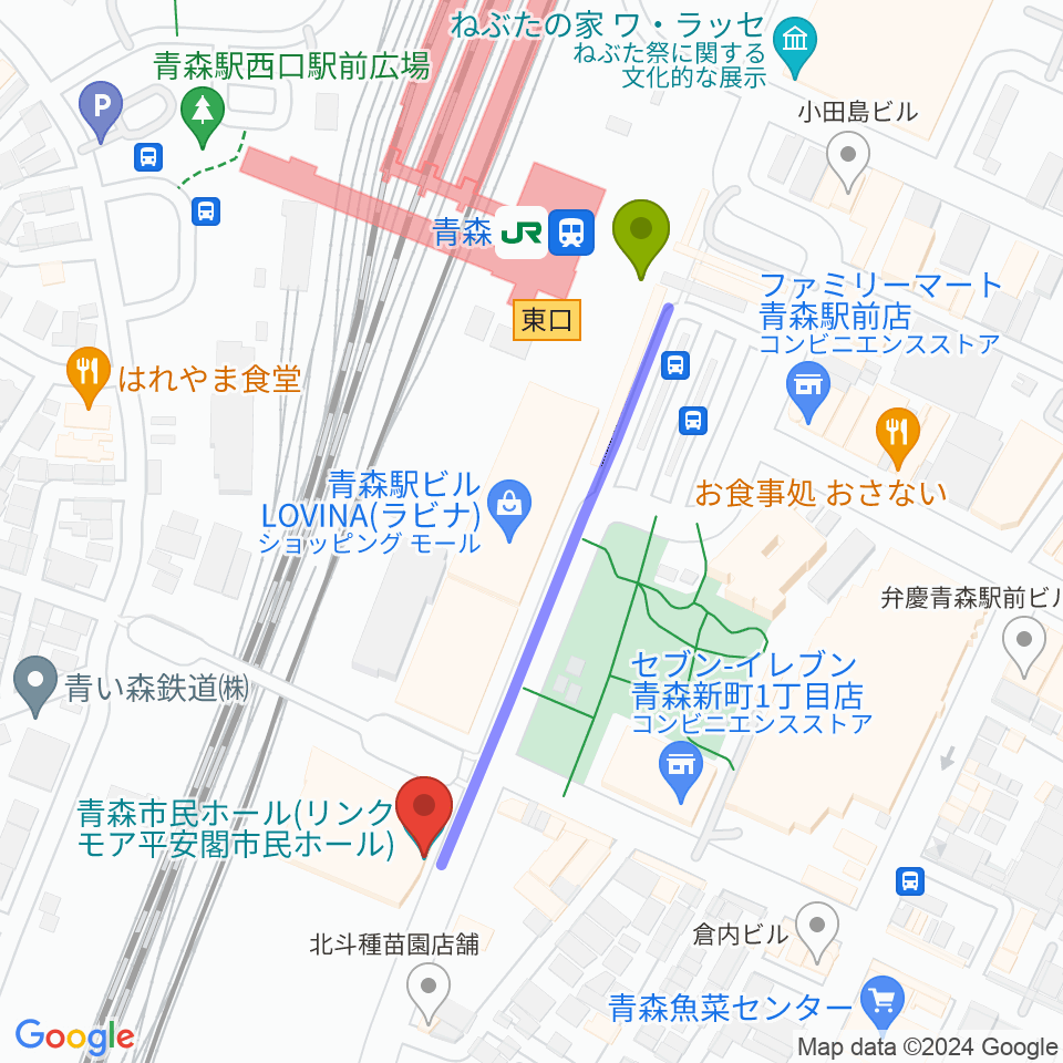 リンクモア平安閣市民ホールの最寄駅青森駅からの徒歩ルート（約4分）地図