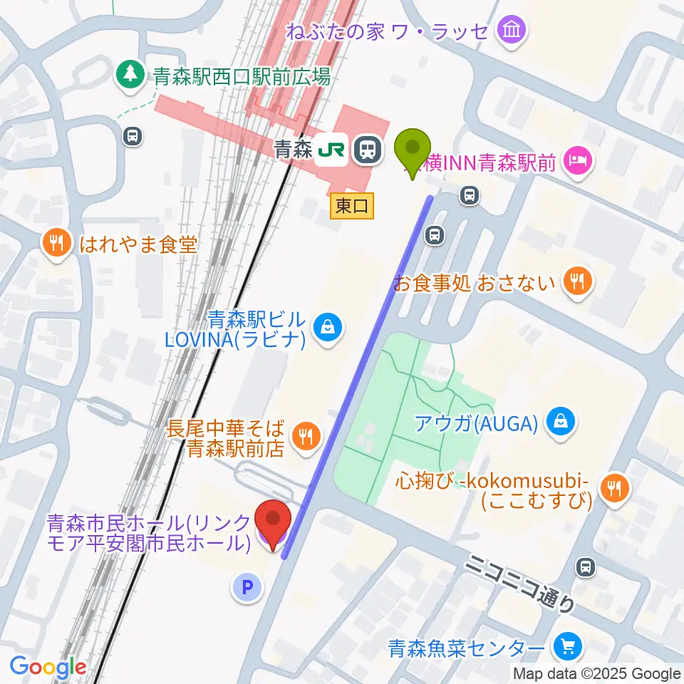 リンクモア平安閣市民ホールの最寄駅青森駅からの徒歩ルート（約4分）地図