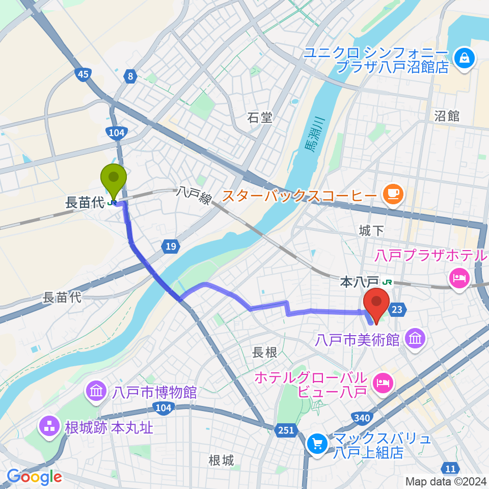 長苗代駅からSG GROUPホールはちのへへのルートマップ地図