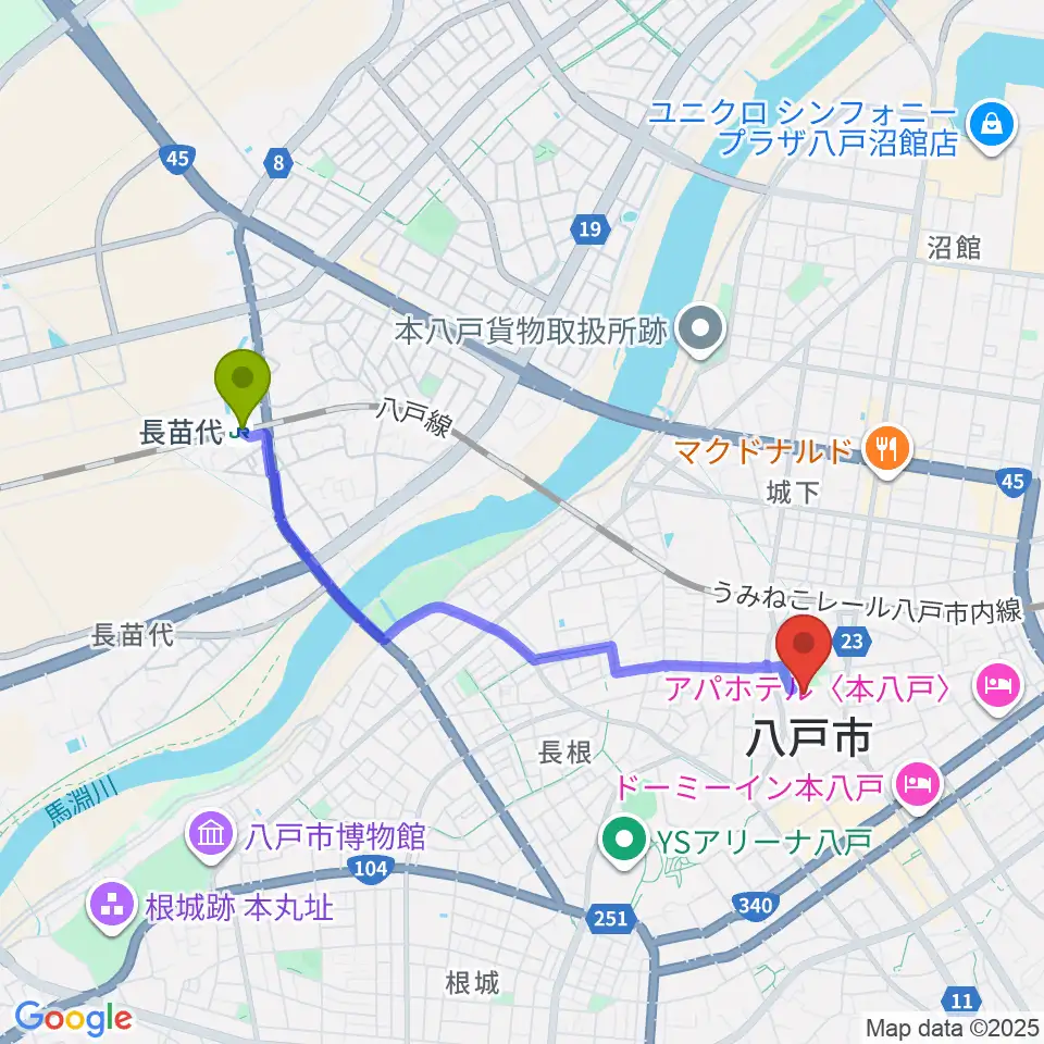 長苗代駅からSG GROUPホールはちのへへのルートマップ地図