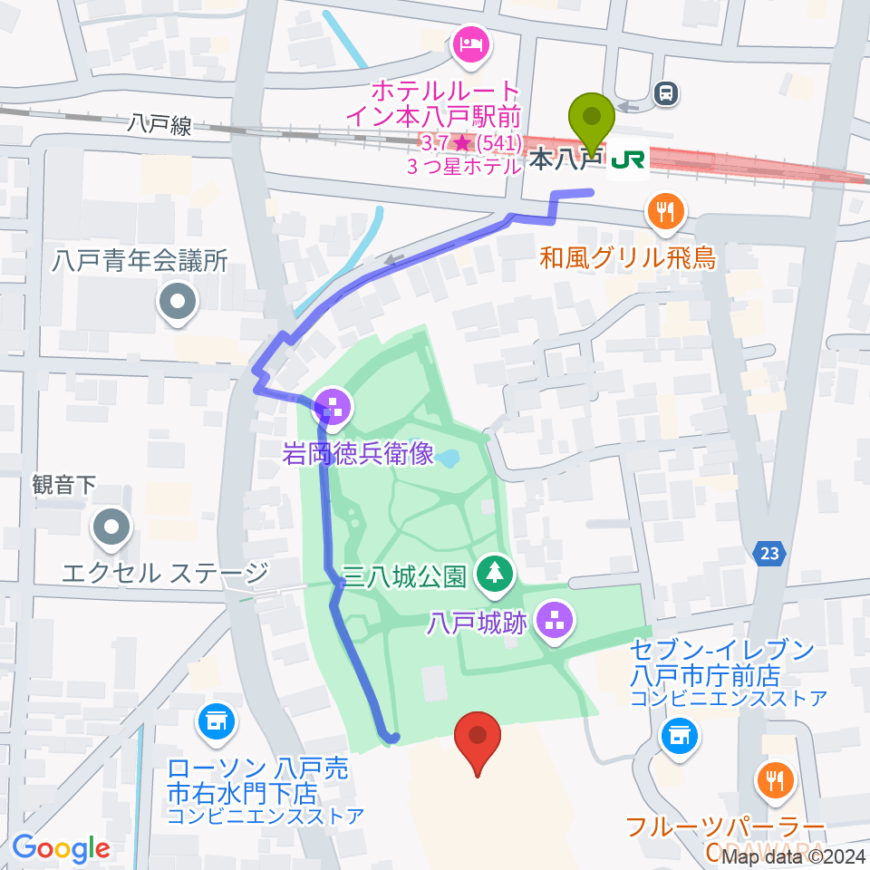 SG GROUPホールはちのへの最寄駅本八戸駅からの徒歩ルート（約5分）地図