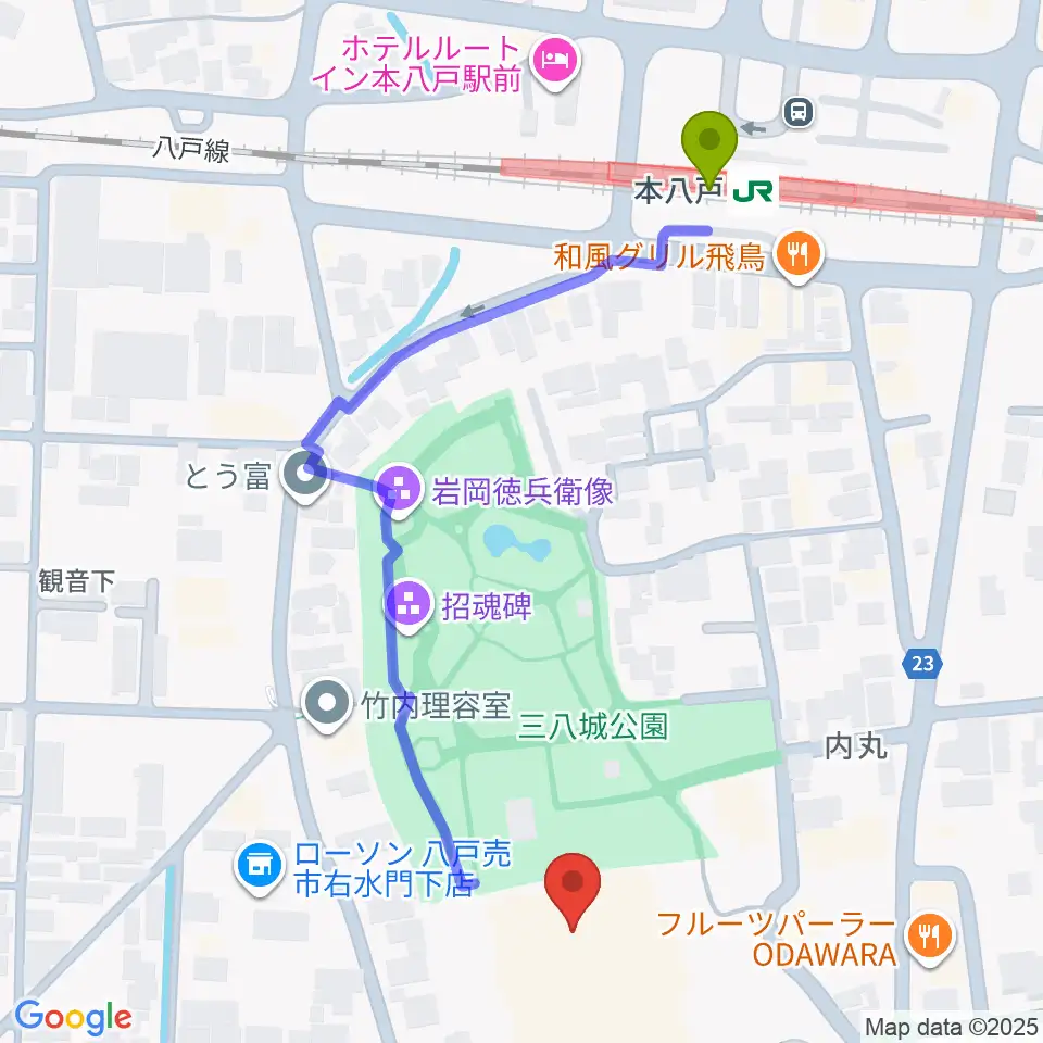 SG GROUPホールはちのへの最寄駅本八戸駅からの徒歩ルート（約5分）地図