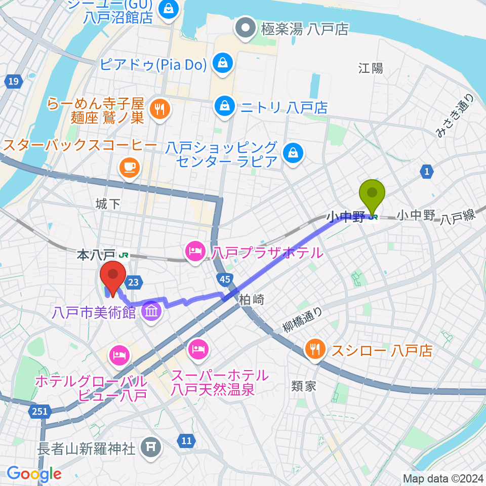 小中野駅からSG GROUPホールはちのへへのルートマップ地図