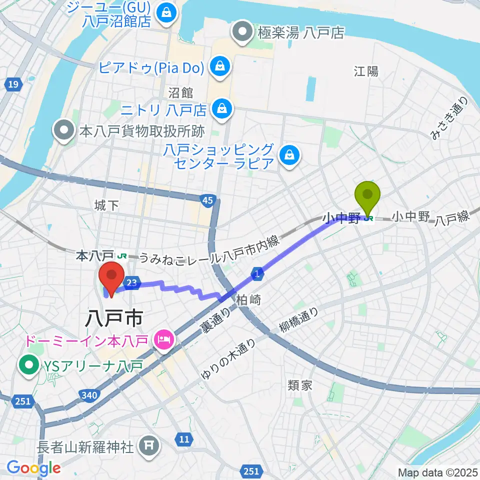 小中野駅からSG GROUPホールはちのへへのルートマップ地図