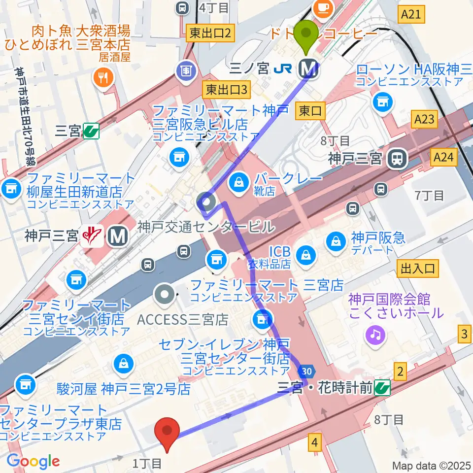 三ノ宮駅からベースオントップ三宮店へのルートマップ地図