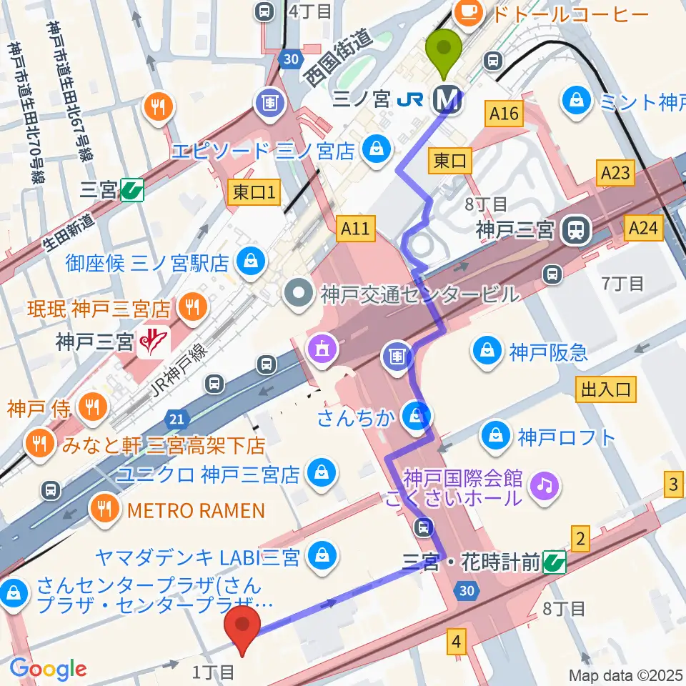 三ノ宮駅からベースオントップ三宮店へのルートマップ地図