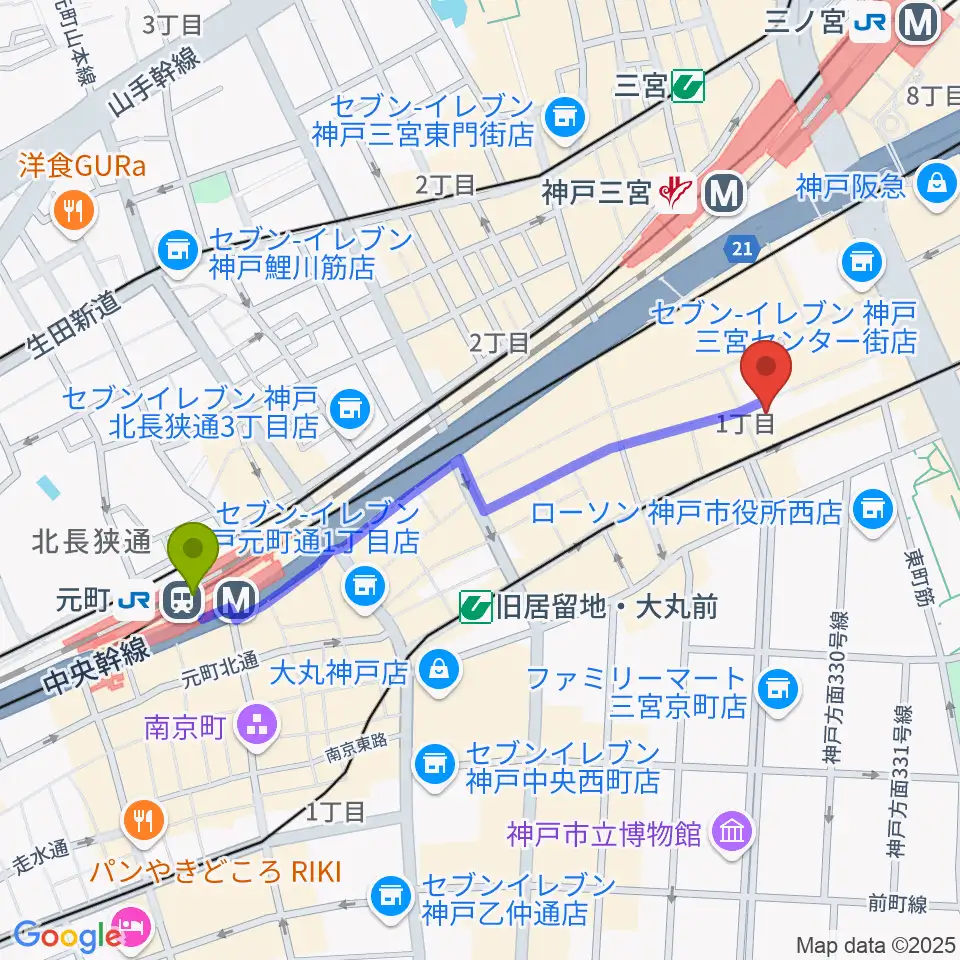 元町駅からベースオントップ三宮店へのルートマップ地図