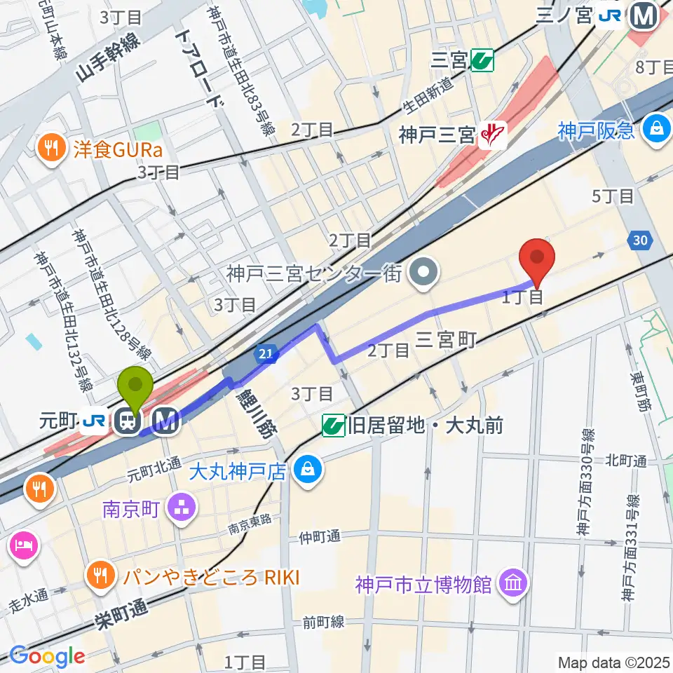 元町駅からベースオントップ三宮店へのルートマップ地図