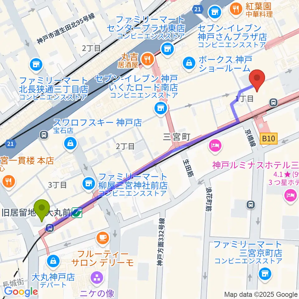 ベースオントップ三宮店の最寄駅旧居留地・大丸前駅からの徒歩ルート（約7分）地図